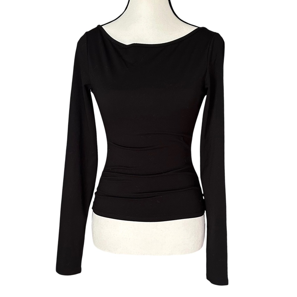 Garage Black Long Sleeve Deep Scoop Back Boat Neck Top Womens Small